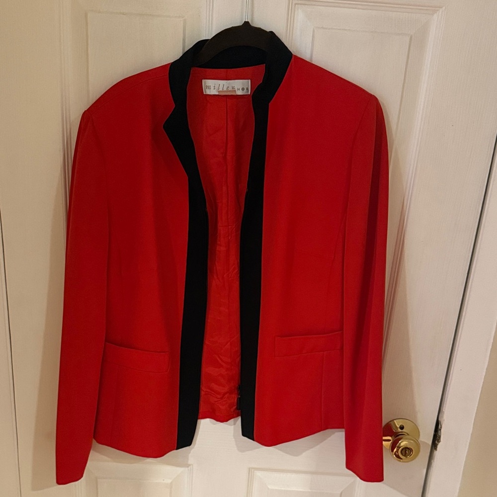 Chic Red Women's Blazer with Black Trim